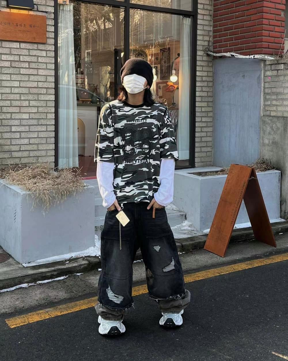 【Unisex】迷彩拼接牛仔寬褲 Camouflage Patchwork Denim Wide Pants