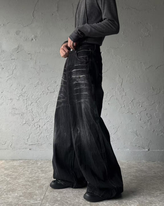 【Unisex】黑色水洗牛仔寬褲 Black Washed Denim Wide Pants