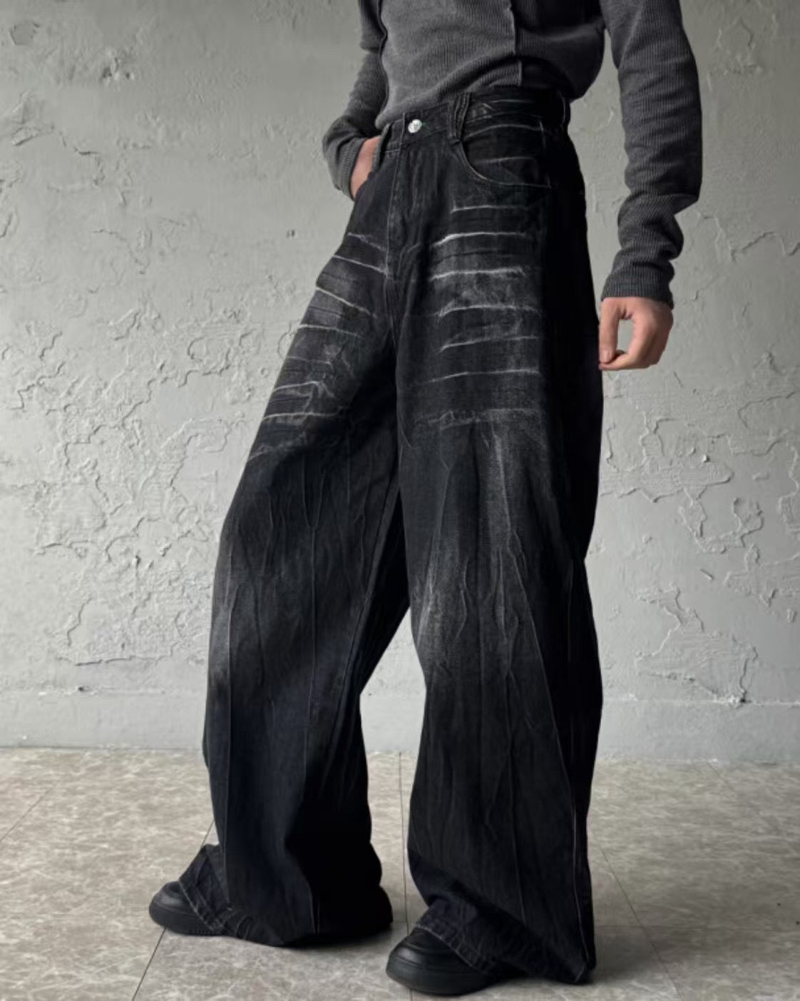 【Unisex】黑色水洗牛仔寬褲 Black Washed Denim Wide Pants