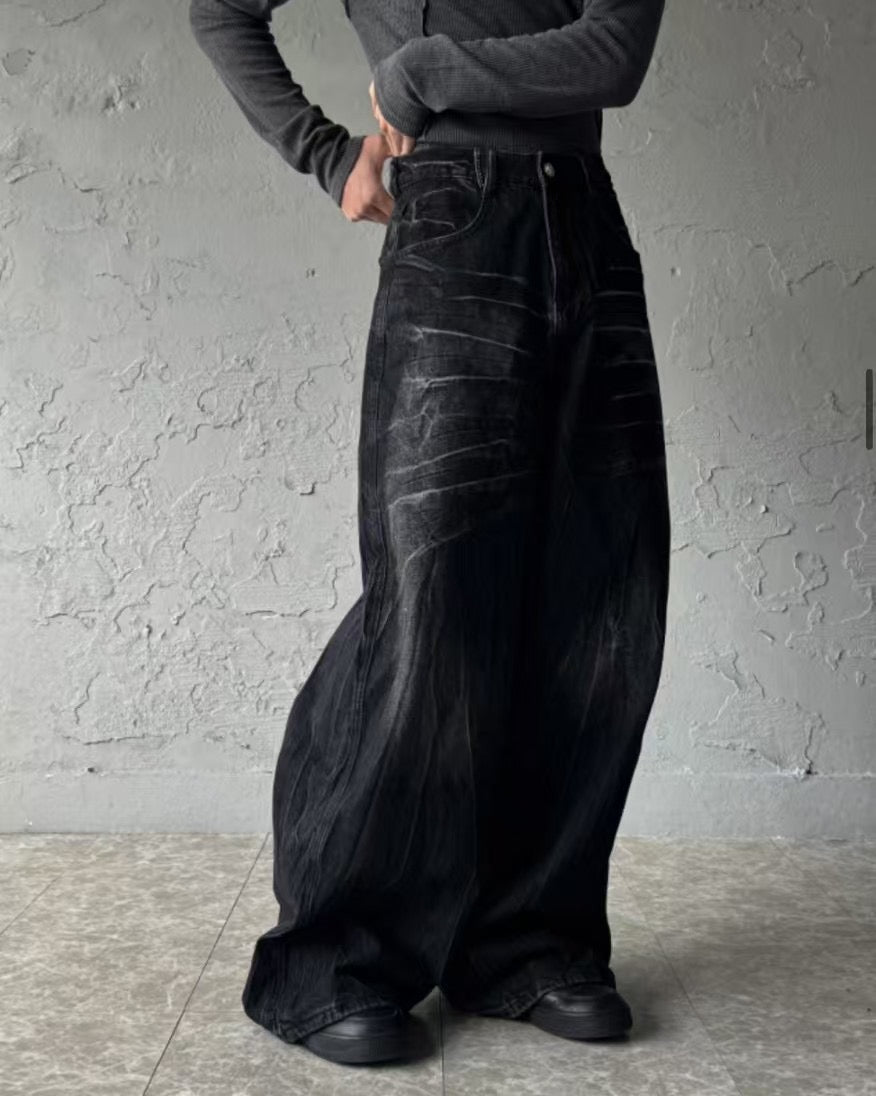 【Unisex】黑色水洗牛仔寬褲 Black Washed Denim Wide Pants