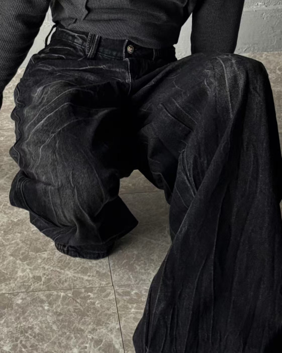 【Unisex】黑色水洗牛仔寬褲 Black Washed Denim Wide Pants