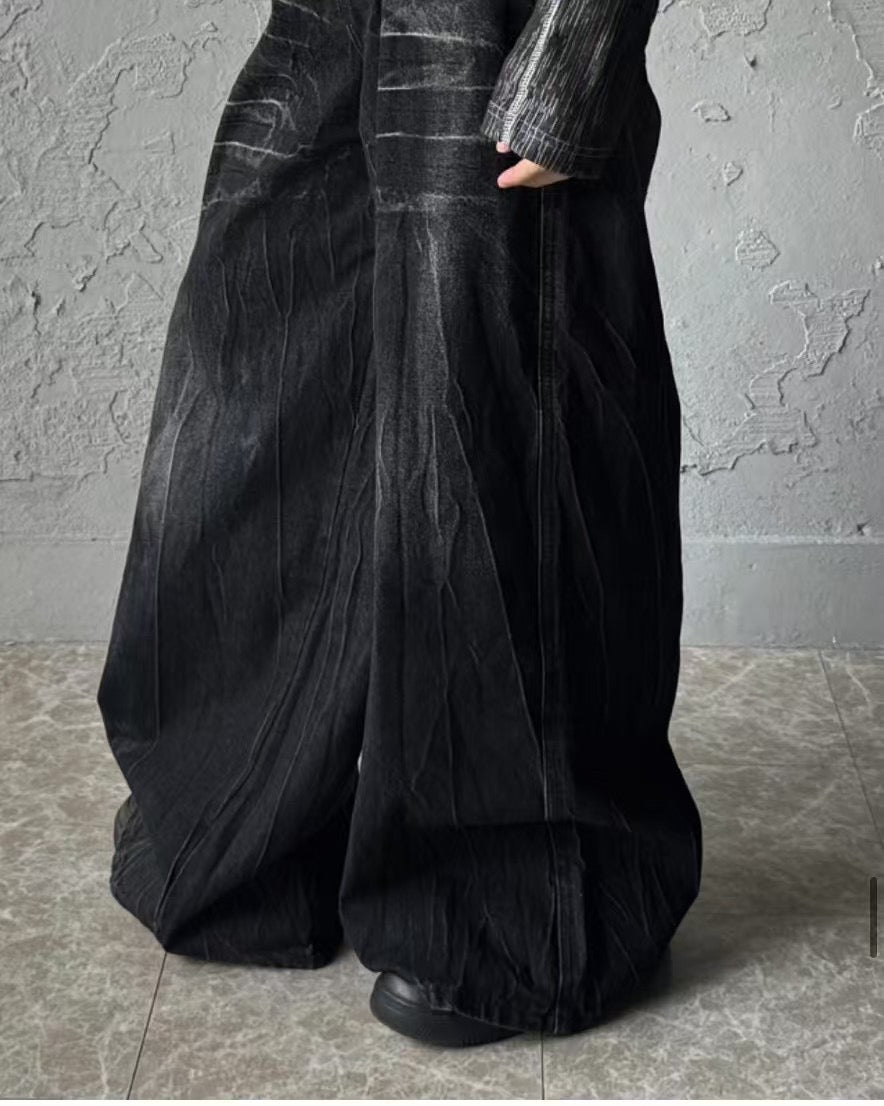 【Unisex】黑色水洗牛仔寬褲 Black Washed Denim Wide Pants