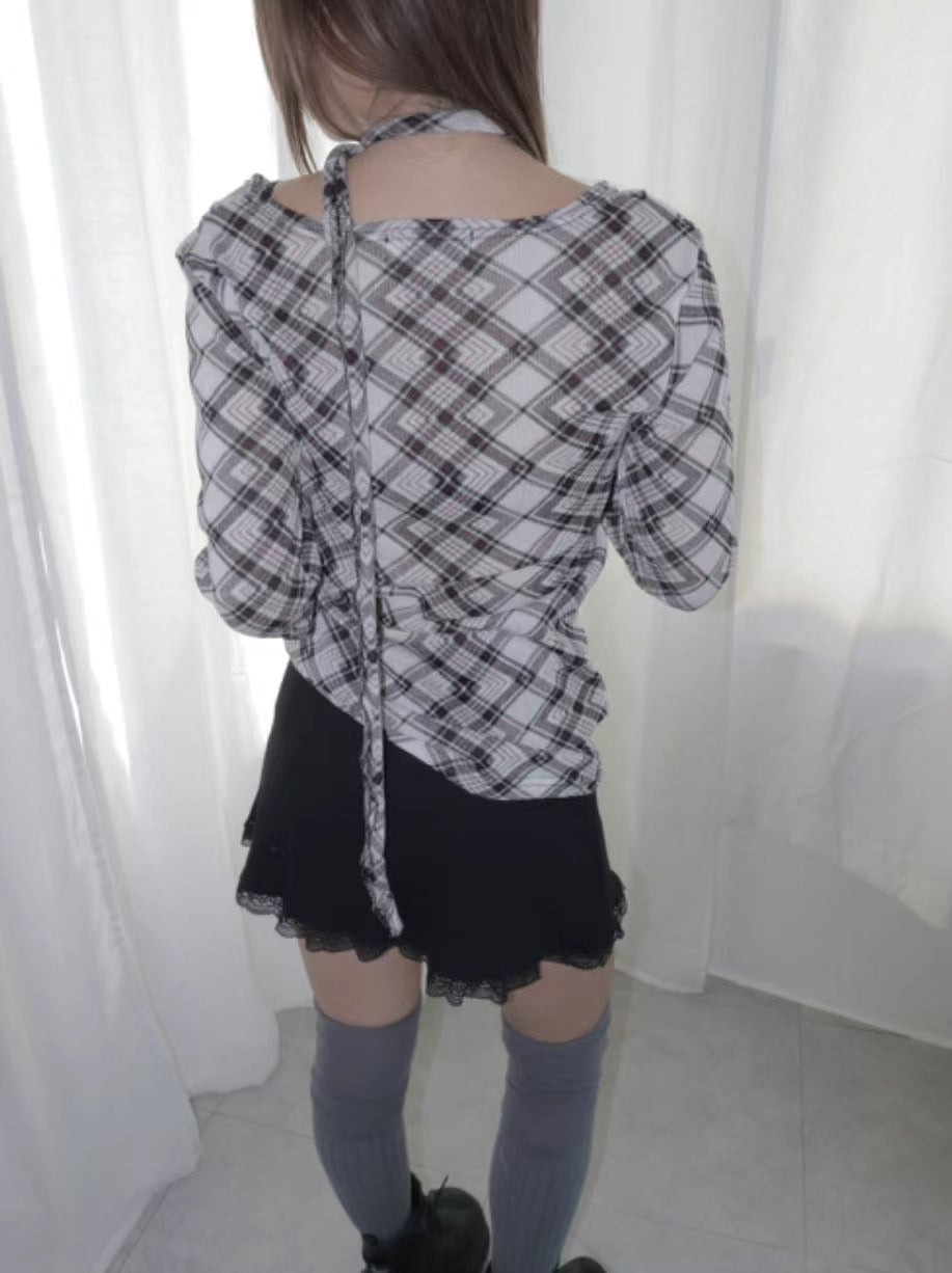掛頸格仔長袖上衣 Halter Neck Check Long Sleeve Top
