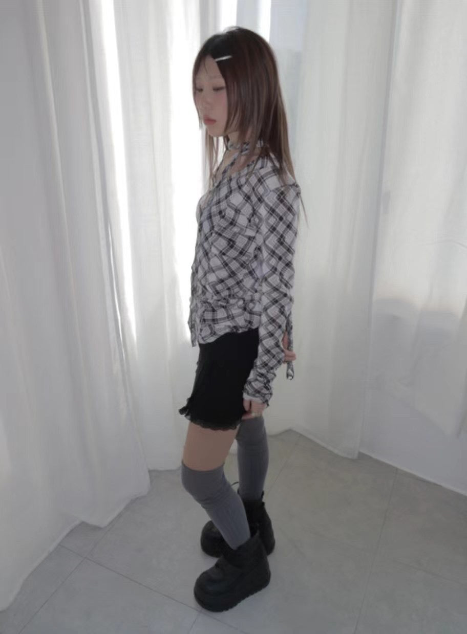 掛頸格仔長袖上衣 Halter Neck Check Long Sleeve Top