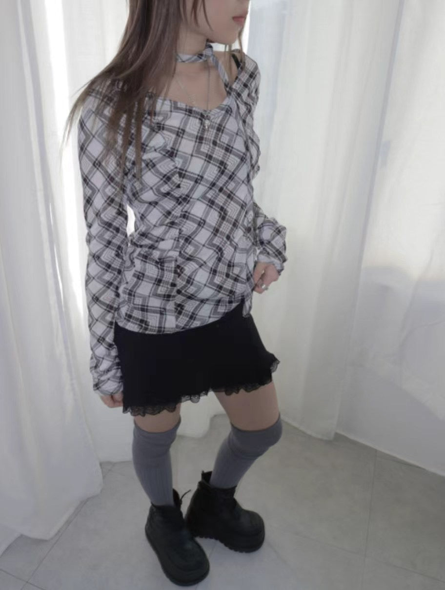掛頸格仔長袖上衣 Halter Neck Check Long Sleeve Top