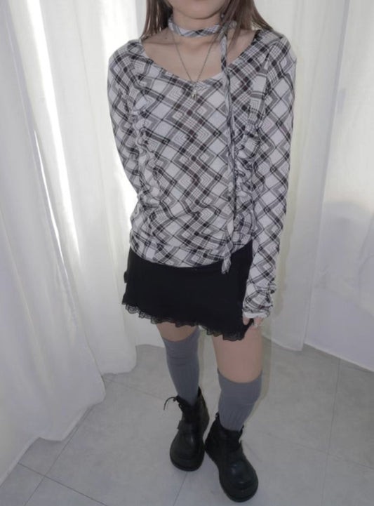 掛頸格仔長袖上衣 Halter Neck Check Long Sleeve Top