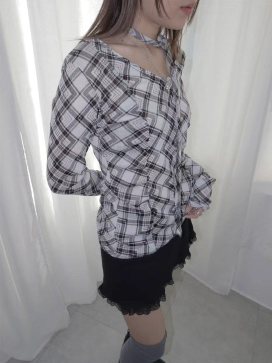 掛頸格仔長袖上衣 Halter Neck Check Long Sleeve Top