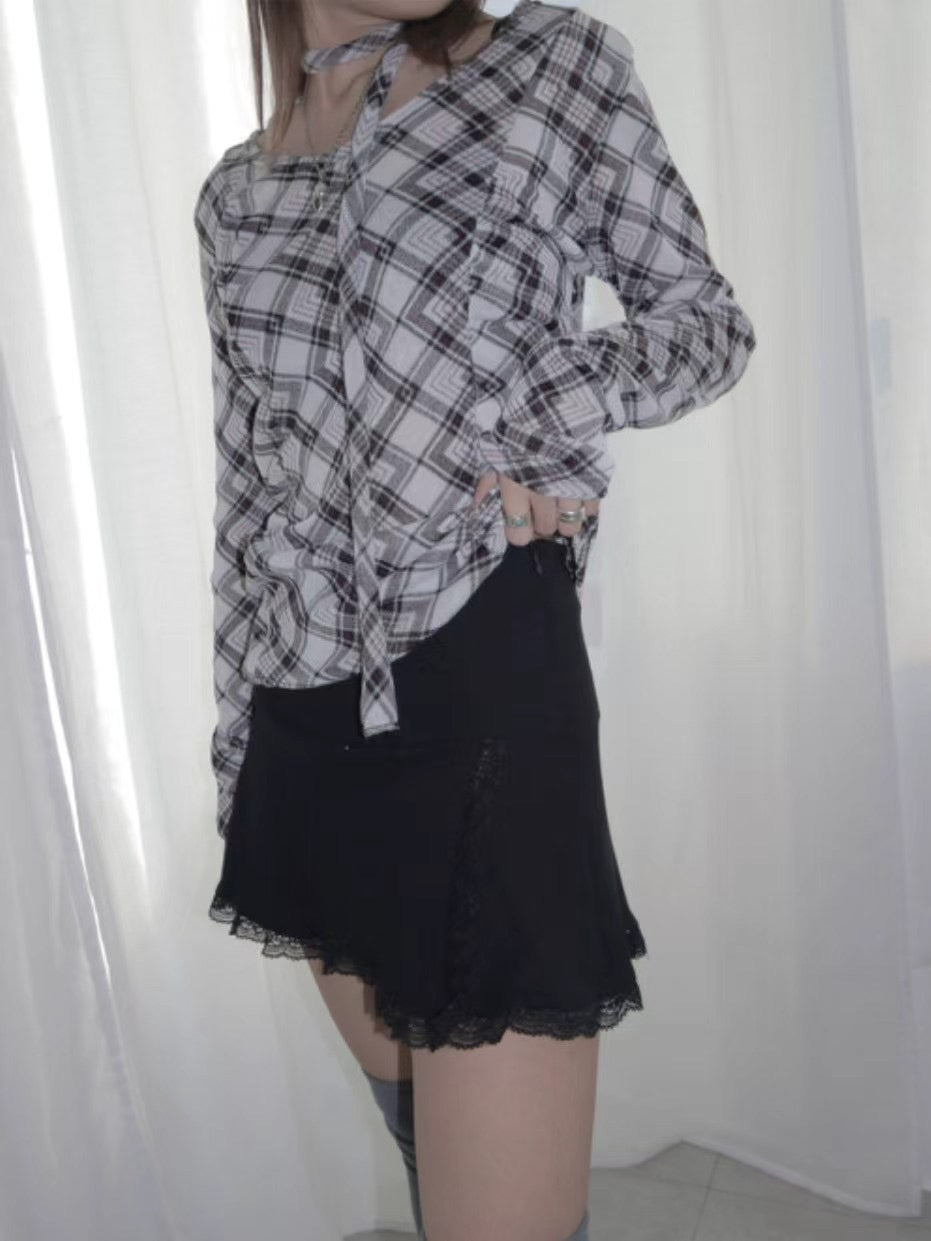 掛頸格仔長袖上衣 Halter Neck Check Long Sleeve Top