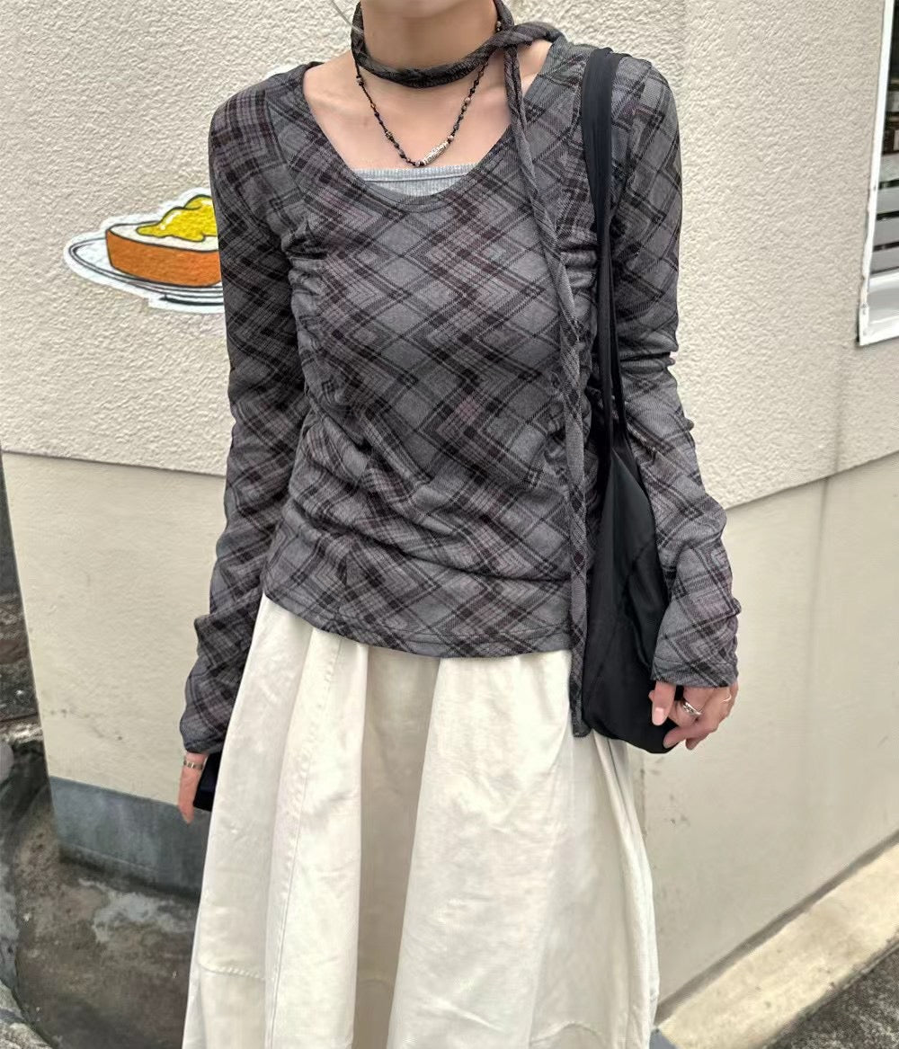 掛頸格仔長袖上衣 Halter Neck Check Long Sleeve Top