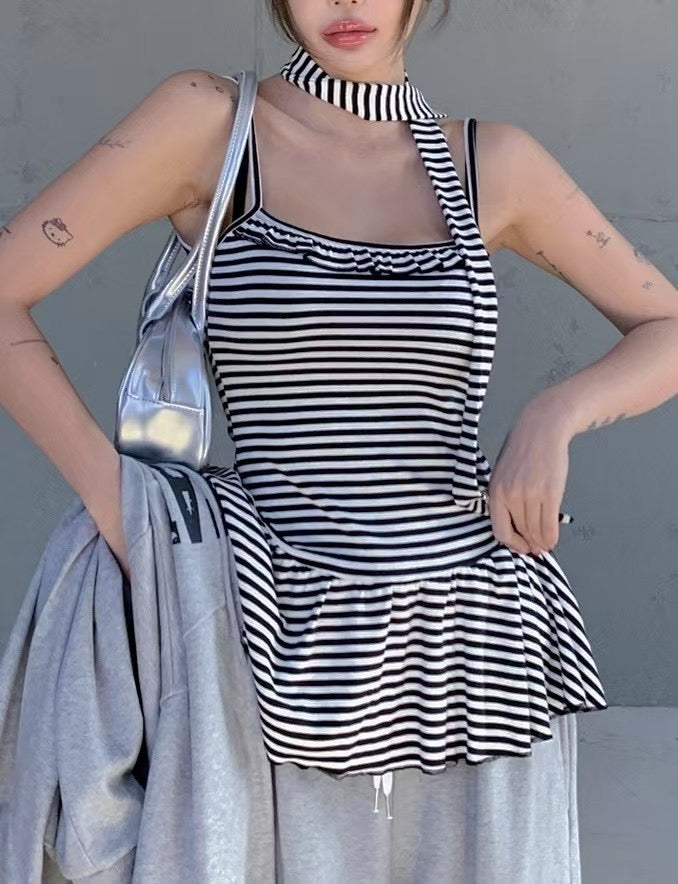 條紋掛頸裙擺吊帶 Striped Halterneck Vest