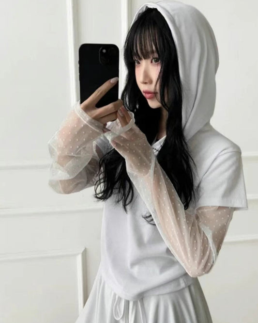 Mock Two-piece Lace Bottom Short-sleeved Sweatshirt