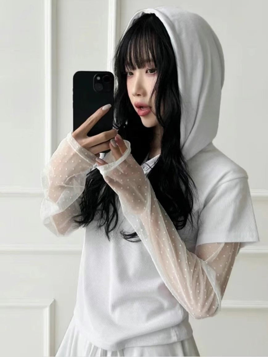 假兩件蕾絲打底短袖衛衣 Mock Two-piece Lace Bottom Short-sleeved Sweatshirt