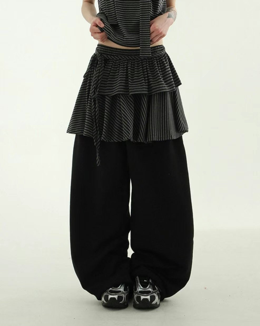 可拆除條紋裙擺寬褲 Striped Wide Pants With Detachable Hem