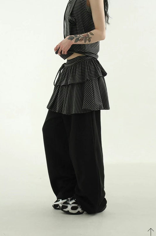 可拆除條紋裙擺寬褲 Striped Wide Pants With Detachable Hem