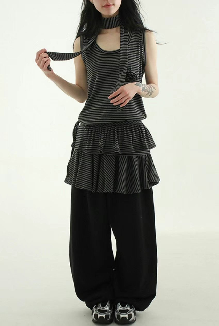 可拆除條紋裙擺寬褲 Striped Wide Pants With Detachable Hem