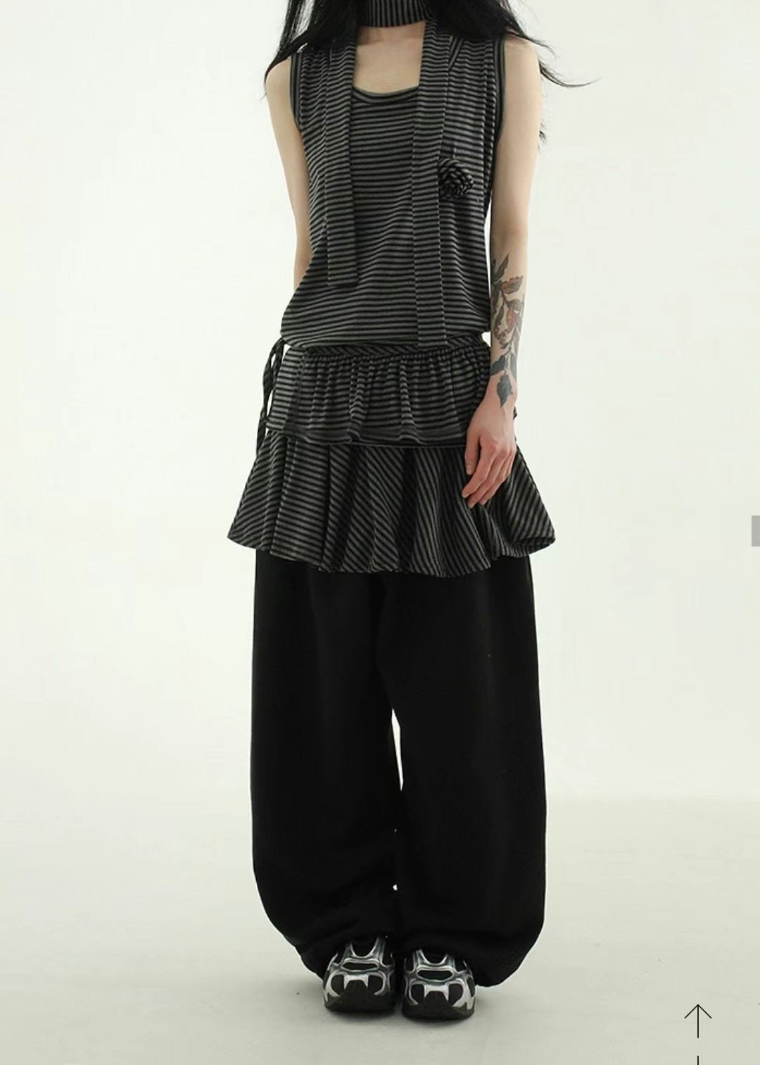 可拆除條紋裙擺寬褲 Striped Wide Pants With Detachable Hem