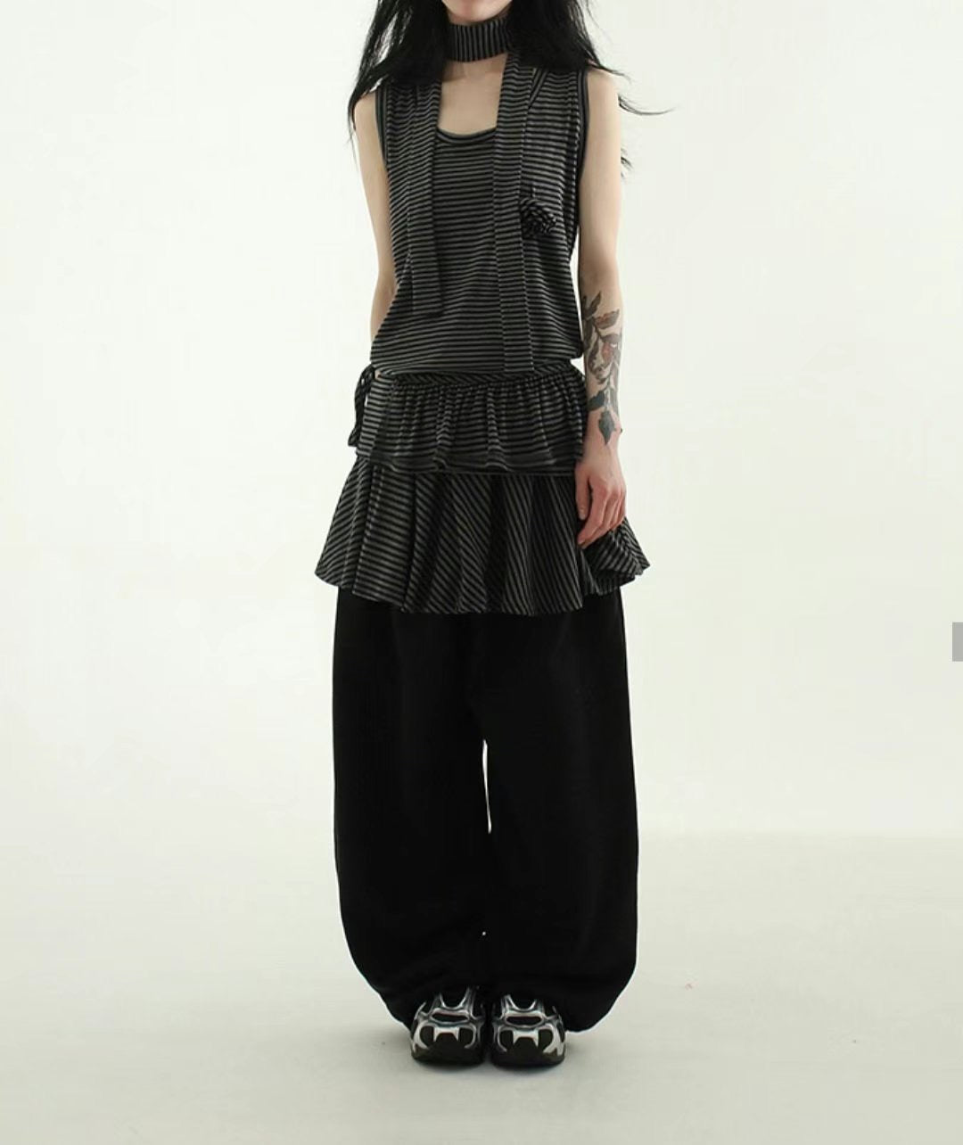 可拆除條紋裙擺寬褲 Striped Wide Pants With Detachable Hem