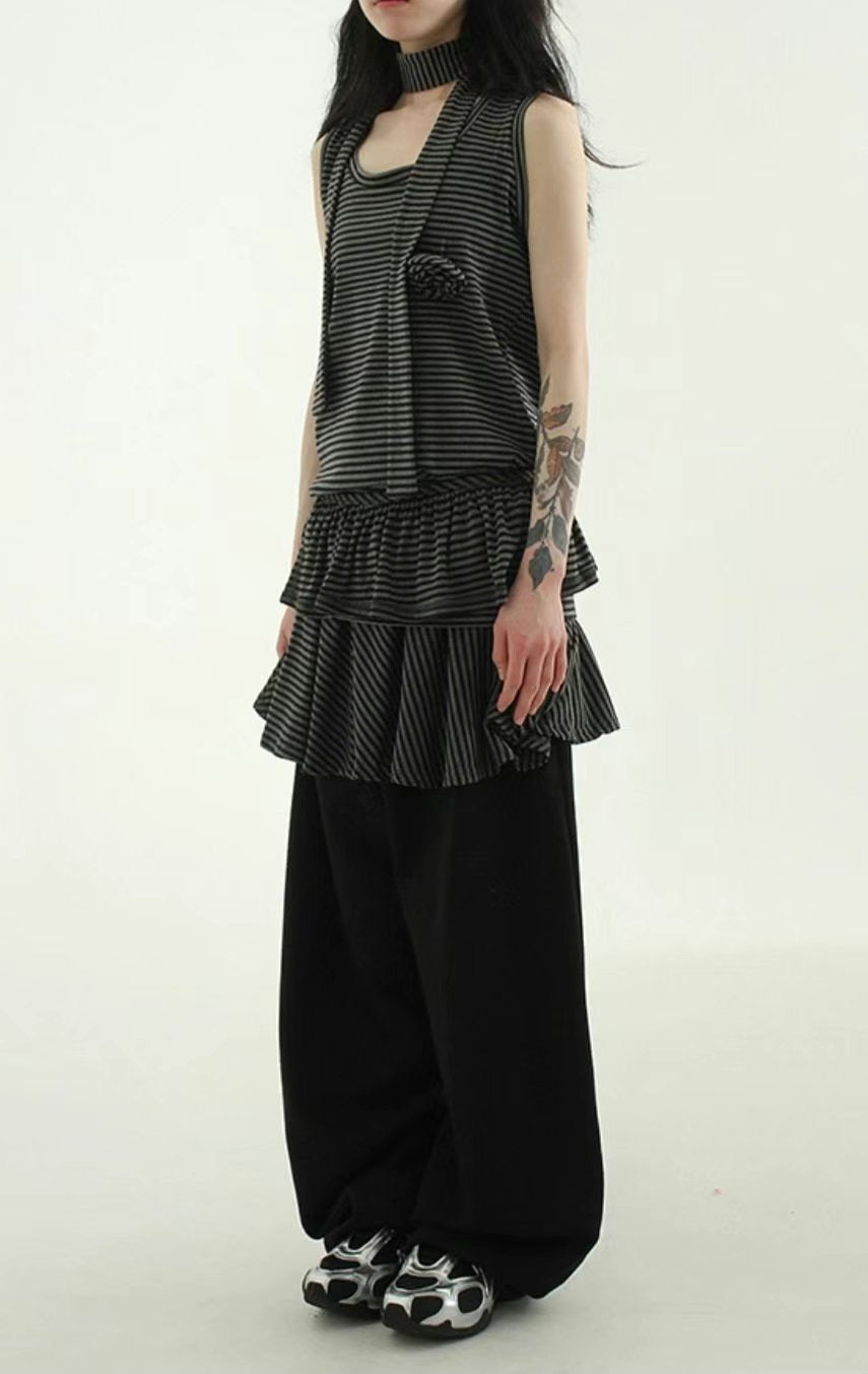可拆除條紋裙擺寬褲 Striped Wide Pants With Detachable Hem