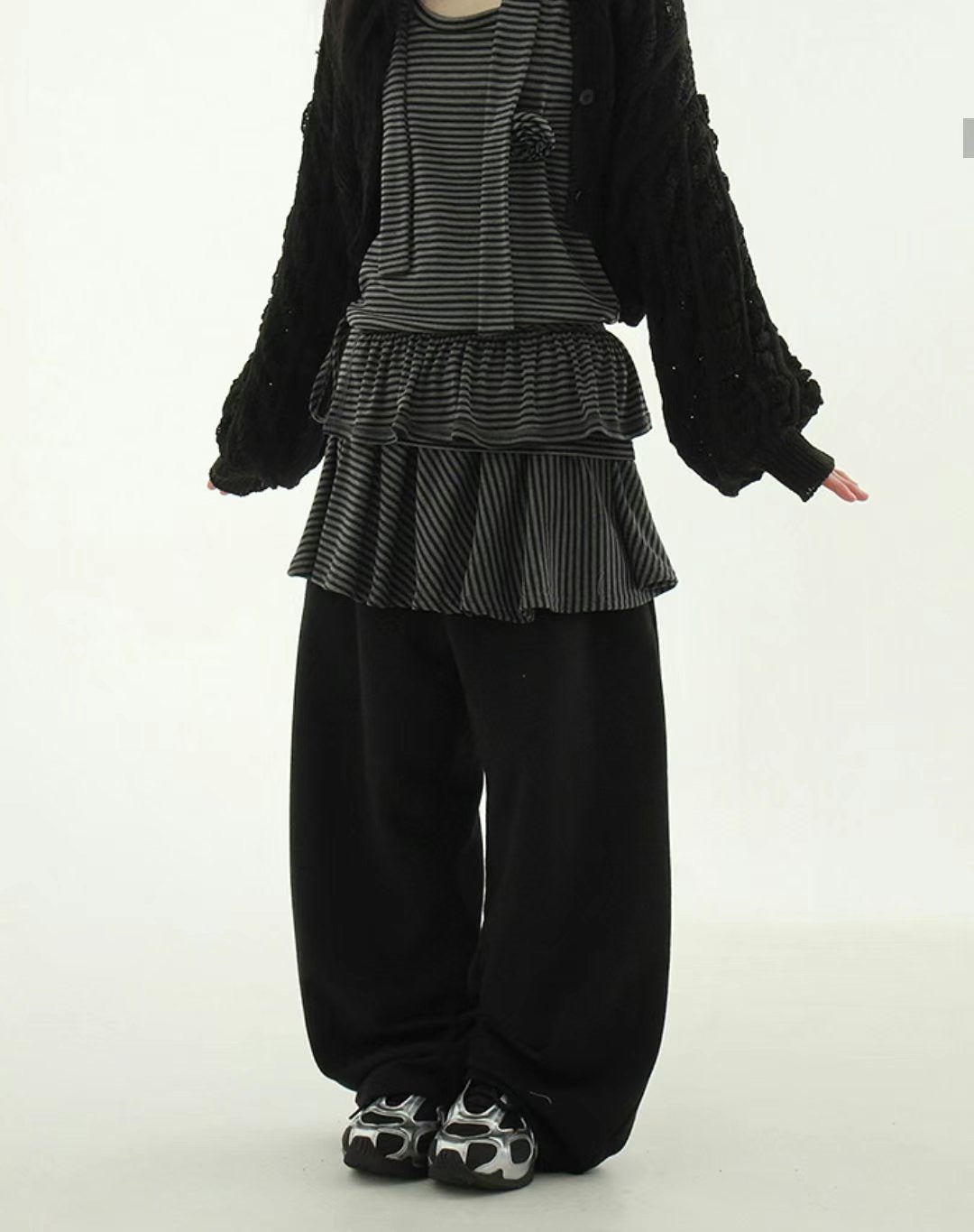 可拆除條紋裙擺寬褲 Striped Wide Pants With Detachable Hem