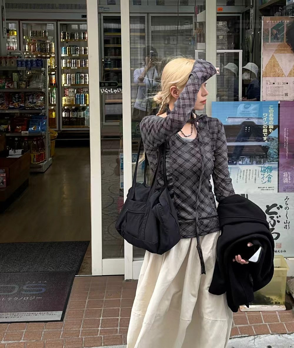 掛頸格仔長袖上衣 Halter Neck Check Long Sleeve Top