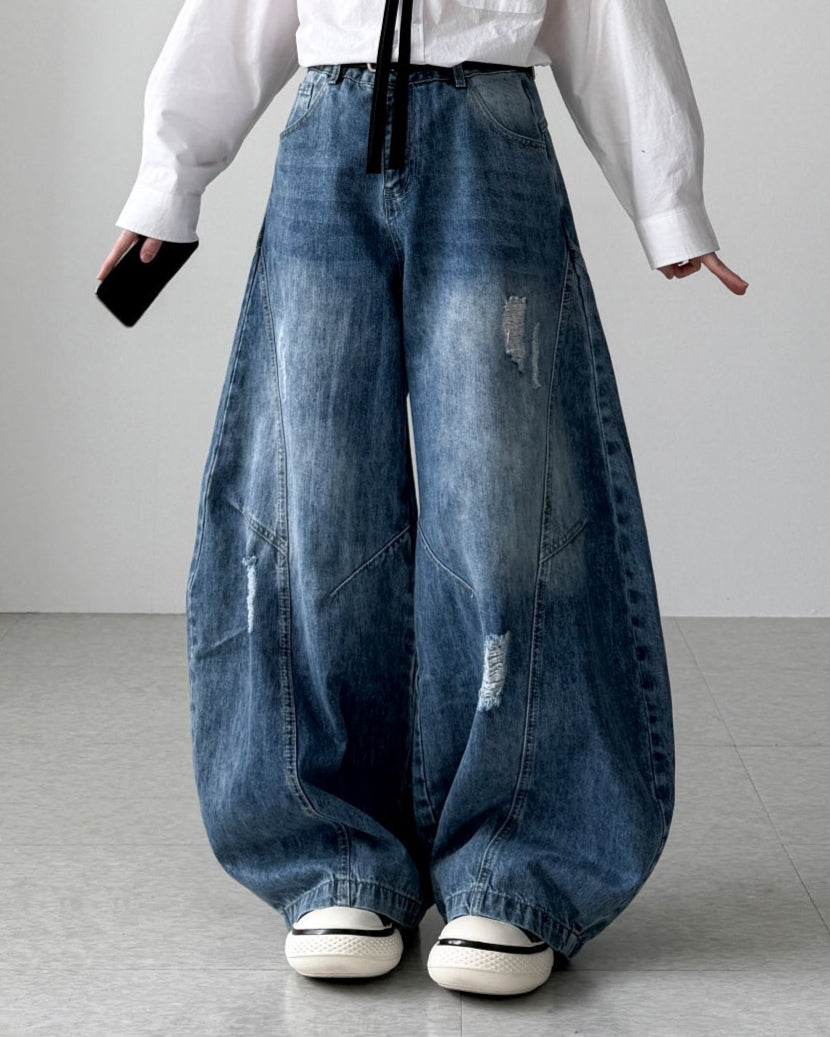 【Unisex】水洗彎刀牛仔褲 Washed High-rise Barrel-leg Jeans