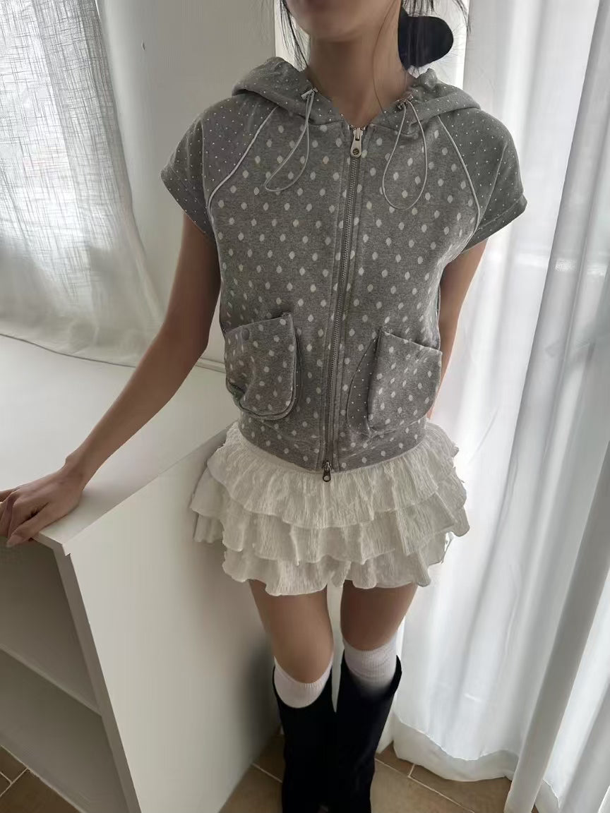波點拉鍊連帽短袖 Polka Dot Zip-up Short Sleeve Hoodie