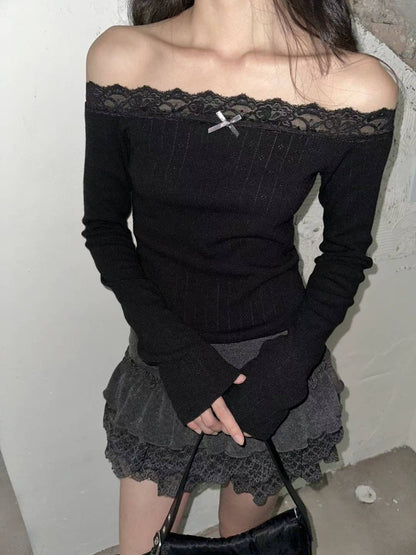 蕾絲蝴蝶結一字肩長袖上衣Lace Bow One-Shoulder Long-Sleeved Top