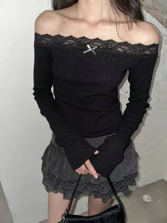 蕾絲蝴蝶結一字肩長袖上衣Lace Bow One-Shoulder Long-Sleeved Top