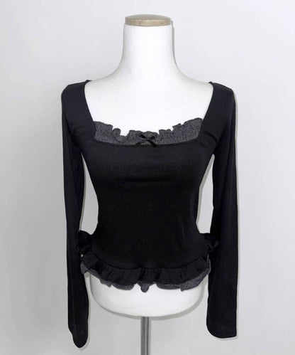 假兩件方領長袖上衣  Square Neck Fake Two-Piece Long-Sleeved Top