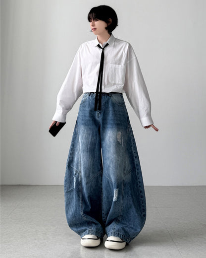 【Unisex】水洗彎刀牛仔褲 Washed High-rise Barrel-leg Jeans