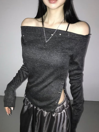 不對稱開衩露肩上衣 Asymmetrical Hem Off-Shoulder Top