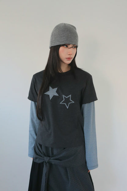星星條紋假兩件上衣 Star Striped Faux Two-Piece Top
