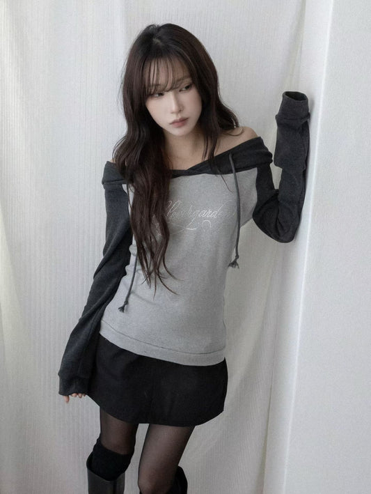 露肩拼色連帽衛衣 Off-Shoulder Color Block Hoodie