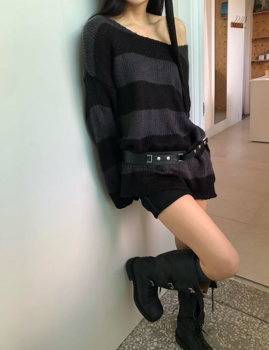間條露肩毛衣 Striped Off-Shoulder Sweater