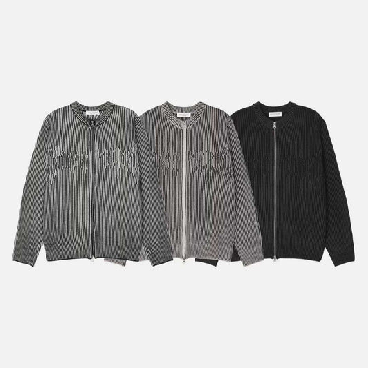 【Unisex】條紋雙拉鍊針織外套 Striped Double-Zip Knit Jacket