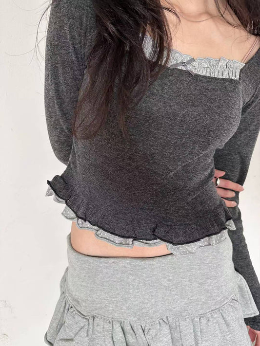 假兩件方領長袖上衣  Square Neck Fake Two-Piece Long-Sleeved Top