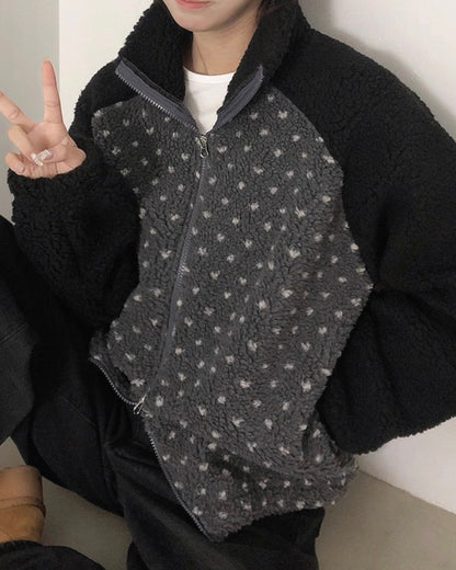 心形波點拼色搖粒絨外套 Heart-Shaped Polka Dot Color-Block Fleece Jacket