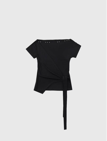 露肩不規則綁帶短袖上衣 Off-Shoulder Asymmetrical Tie Short SleeveTop