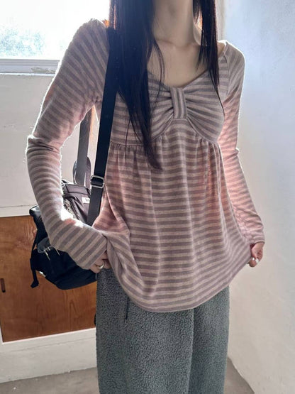 蝴蝶結條紋一字肩 Striped Off-Shoulder Bow Top