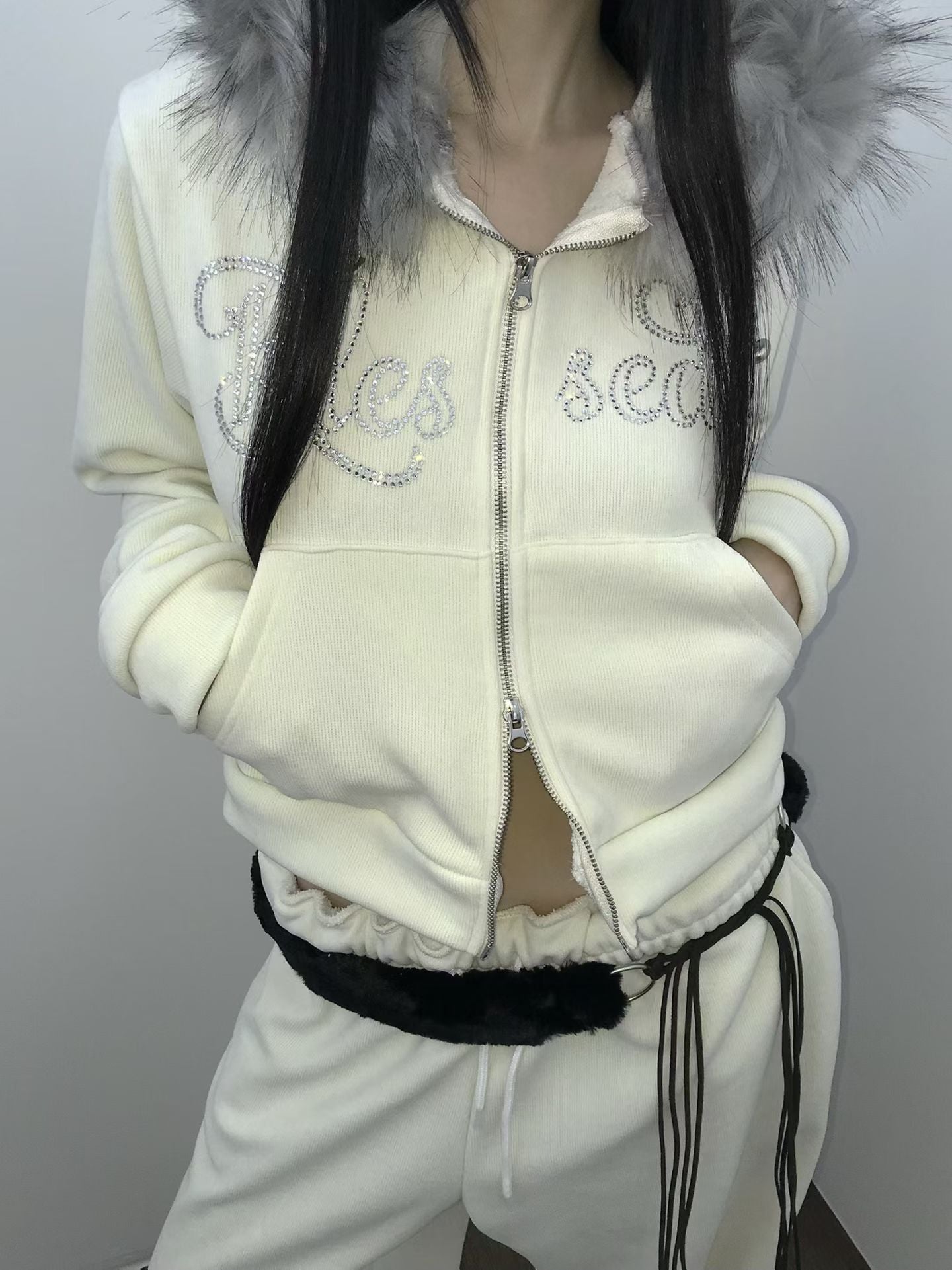 毛領水鑽衛衣外套 Faux Fur Trim Rhinestone Zip-Up Hoodie