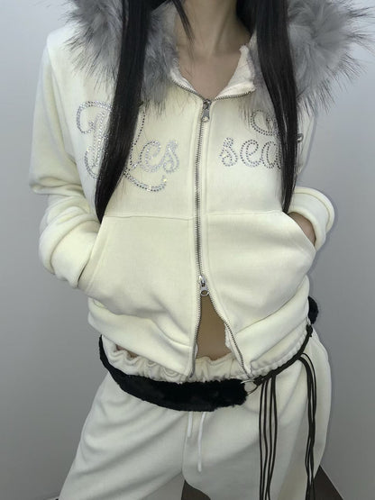 毛領水鑽衛衣外套 Faux Fur Trim Rhinestone Zip-Up Hoodie