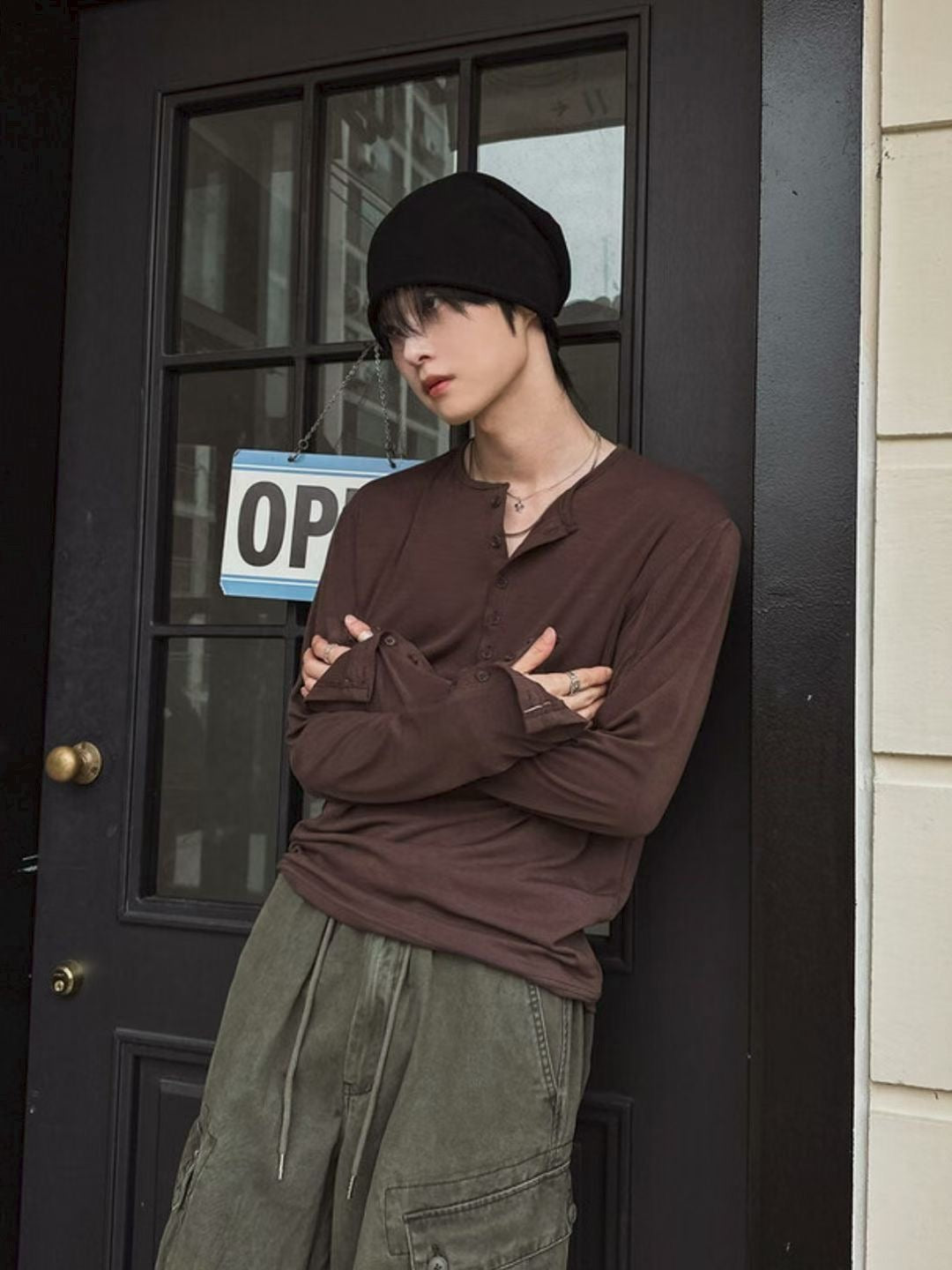 【Unisex】鈕扣寬鬆長袖上衣 Button Loose Long Sleeve Top