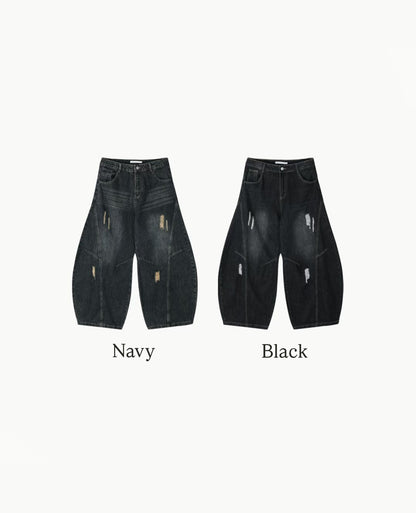 【Unisex】深色水洗彎刀牛仔褲 Dark Washed High-rise Barrel-leg Jeans