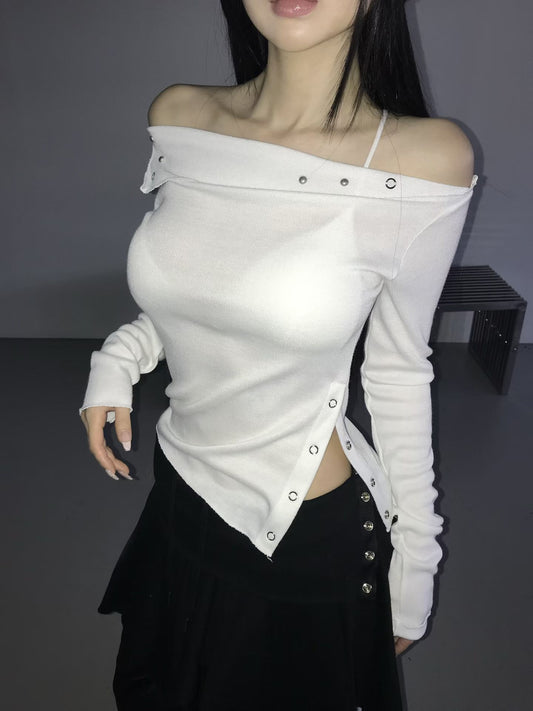 不對稱開衩露肩上衣 Asymmetrical Hem Off-Shoulder Top