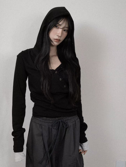 假兩件v領連帽長袖上衣 Fake Two-Piece V-Neck Hooded Long-Sleeved Top