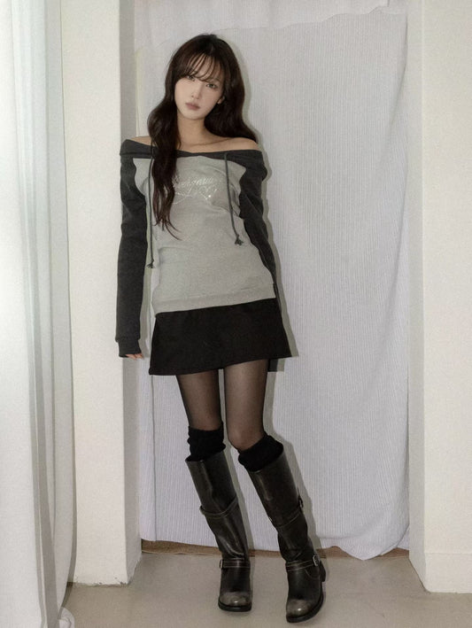 露肩拼色連帽衛衣 Off-Shoulder Color Block Hoodie