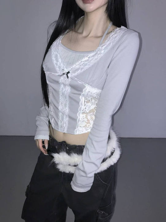 蕾絲假兩件長袖上衣 Lace Fake Two-Piece Long Sleeved Top