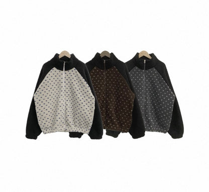 心形波點拼色搖粒絨外套 Heart-Shaped Polka Dot Color-Block Fleece Jacket
