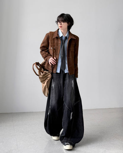 【Unisex】深色水洗彎刀牛仔褲 Dark Washed High-rise Barrel-leg Jeans
