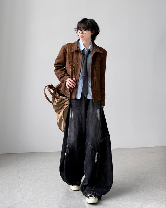 【Unisex】深色水洗彎刀牛仔褲 Dark Washed High-rise Barrel-leg Jeans